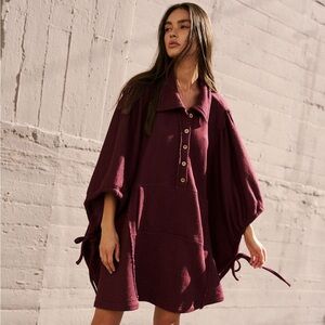 Free People Burgundy Button-Up Poncho Top - Natalie Pullover